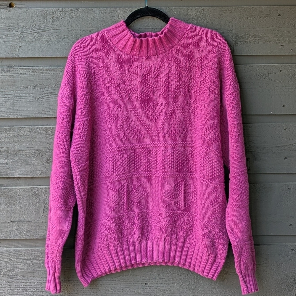 VTG 80s REI Magenta Pink 100% Cotton Mock Neck Knit Sweater Large